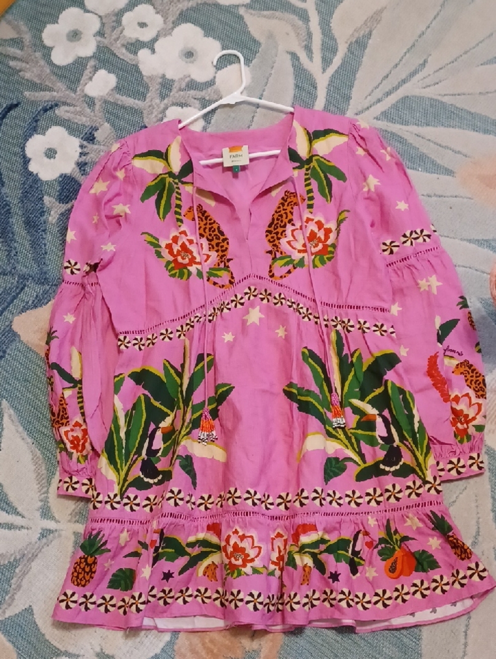 FARM rio Sz L, Leopard Forest Linen Blend, Pink Floral Mini Dress. Fully Lind - Picture 8 of 10